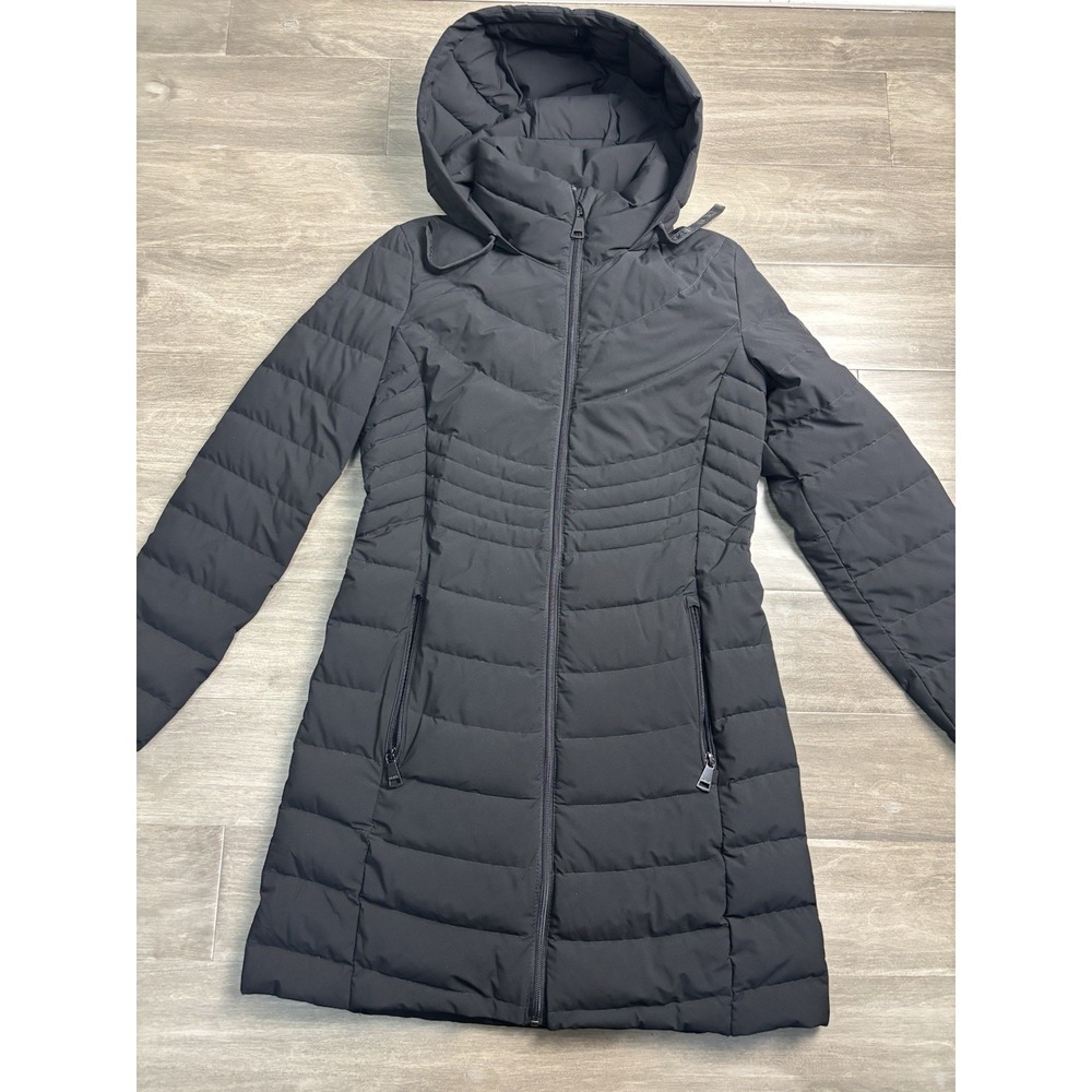 DKNY DOWN Black Puffer Coat Hooded Long Winter Jacket Parka Size Small